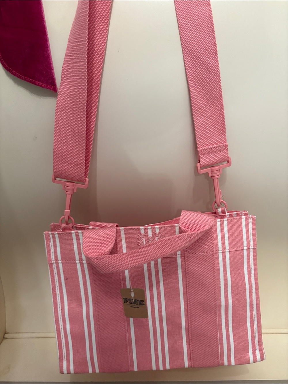 PINK Victoria's Secret Pink and White Striped Canvas Tote with Detachable Strap